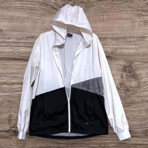 UNDER ARMOUR UA Mens Black White Geometric Hoodie Rain Zip Windbreaker Jacket L - Picture 1 of 7